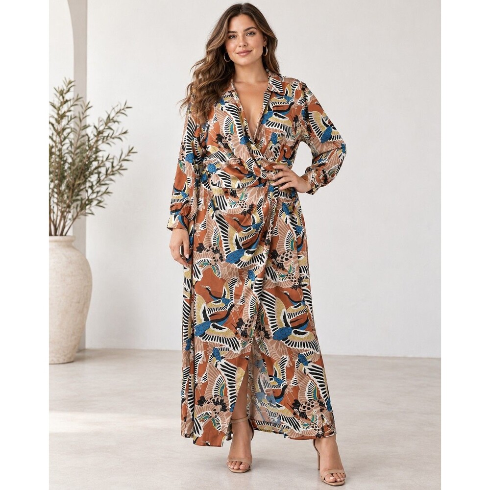 Tropical Bird Print Draped Faux Wrap Maxi Dress TEREA Raina Size L
